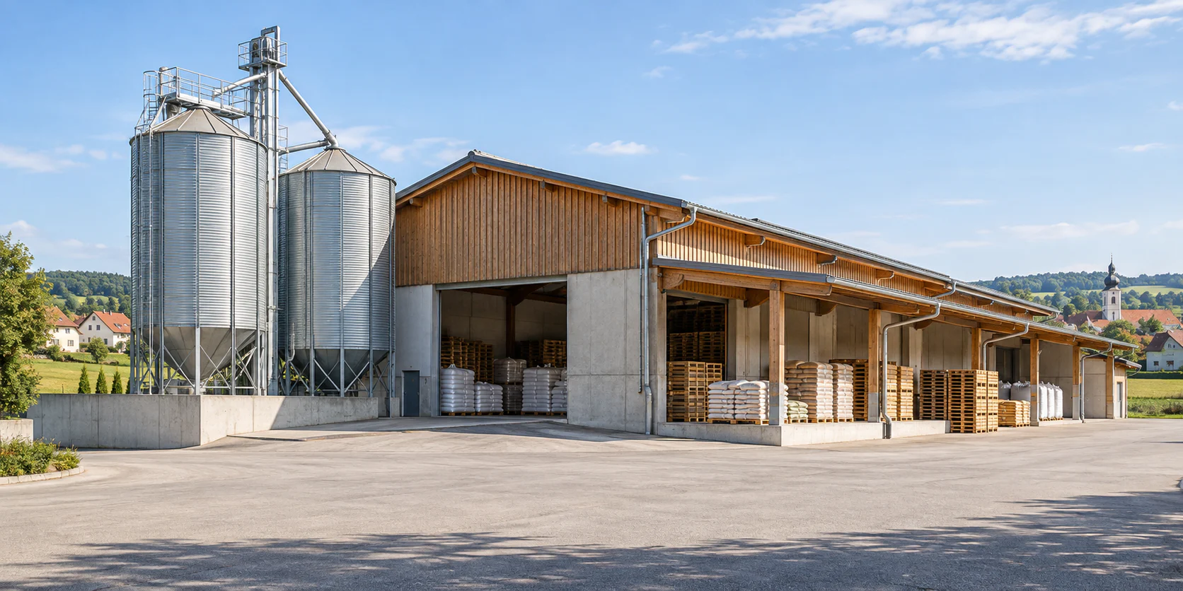Österreichischer Agrarhandelsstandort mit Lagerhalle, zwei Silos und neutralen Warenpaletten